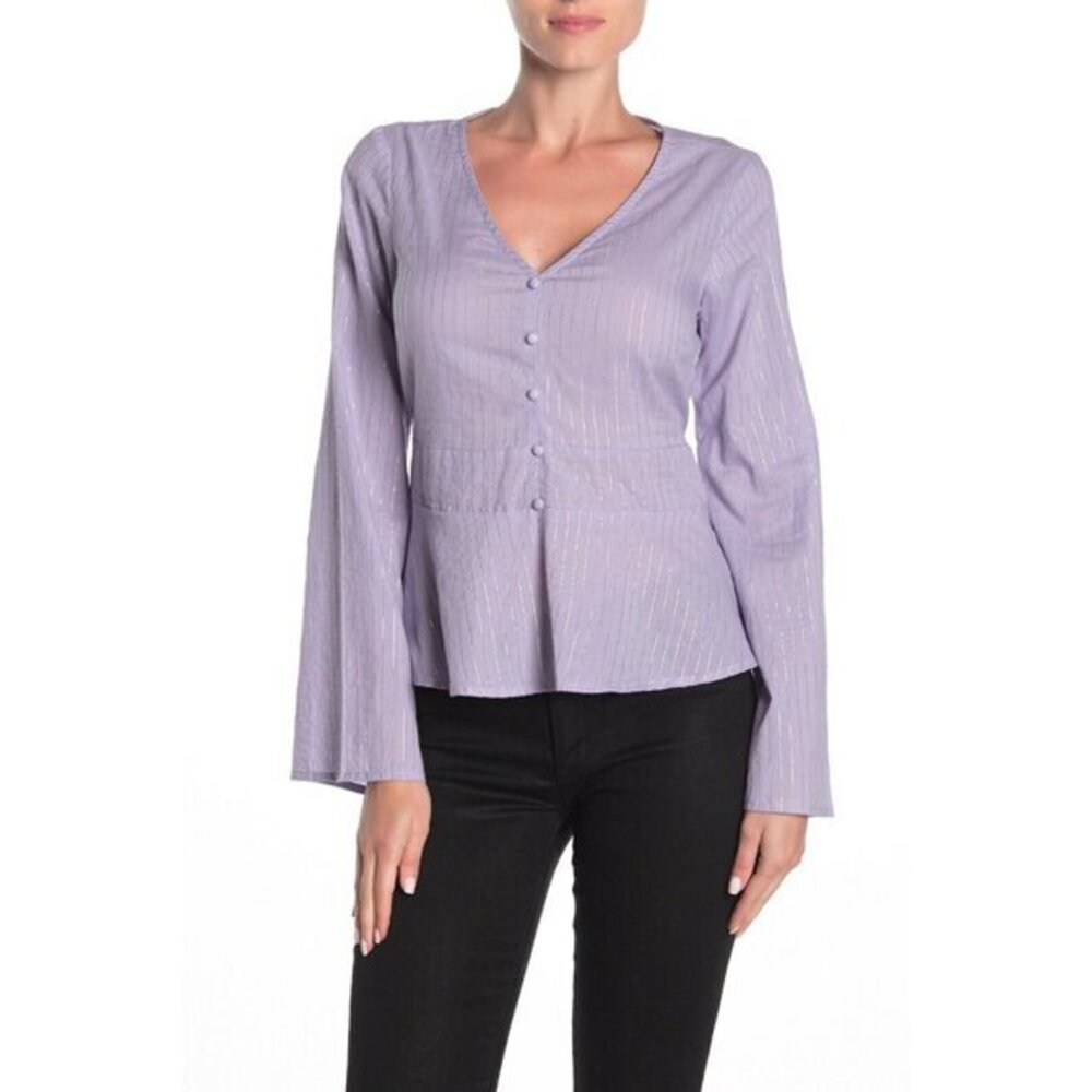LOVE, FIRE Top Puple Lilac Metallic Stripe Bell Sleeve Blouse V Neck Sz S  NWT